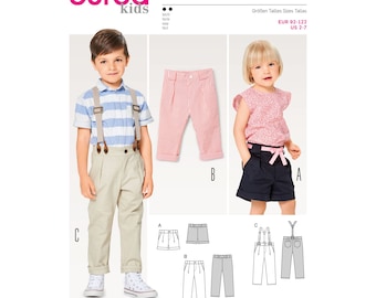 Burda-stijl patroon B9365 broek met elastische tailleband voor kinderen. Maat: 2-7