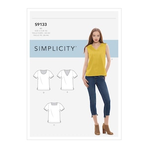 May include: A sewing pattern for a sleeveless top with a V-neck and a scoop neck, and two short-sleeved tops with a crew neck and a V-neck. The pattern is for sizes UK 8-16, Euro 34-42, and French 36-44. The pattern is from Simplicity.