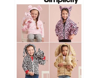 May include: Simplicity sewing pattern S9391 featuring children's animal-themed hooded jackets. The jackets include designs with bunny ears, cat ears, and a spotted pattern. The image shows children wearing the finished garments.