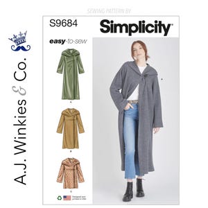 May include: A Simplicity sewing pattern, S9684, featuring three coat designs. The image shows a woman wearing a gray coat. The pattern includes easy-to-sew instructions. The A.J. Winkies & Co. logo is in the corner. Designed and printed in the USA.