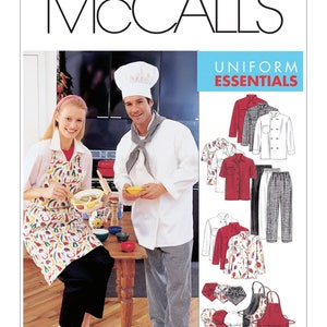 May include: McCall's Uniform Essentials sewing pattern featuring a chef's jacket, pants, apron, and chef's hat. The pattern includes a variety of styles and colors, including red, white, and black.
