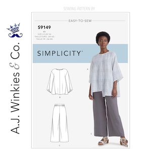 May include: A Simplicity sewing pattern, S9149, featuring an easy-to-sew top and pants. The pattern includes sizes U.S. 8-16. The image shows a woman wearing the finished top and pants. The top is a light-colored, loose-fitting blouse with wide sleeves, and the pants are wide-legged.
