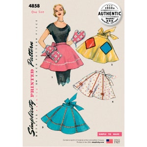 May include: Vintage 1950s Simplicity sewing pattern #4858 for a one-size apron. The pattern includes four different styles of aprons with various colors and patterns, including polka dots, diamonds, and stripes. The pattern is labeled "Authentic Original Pattern" and "Simple to Make".