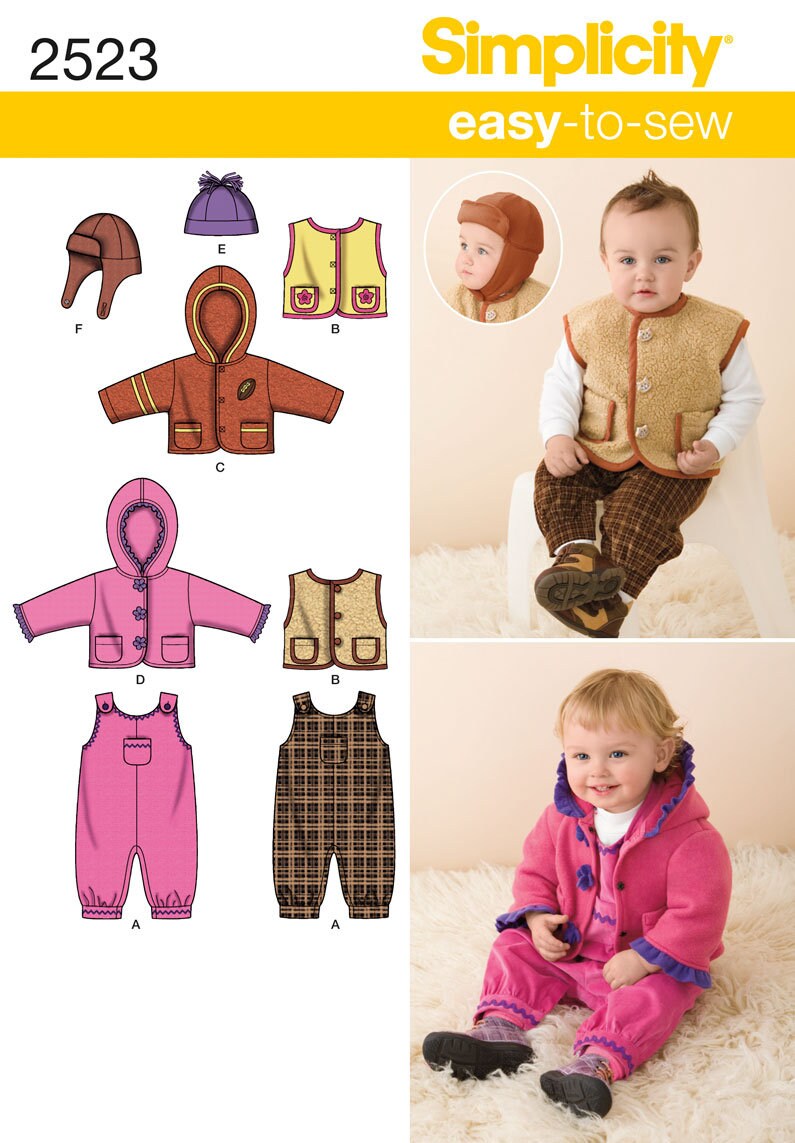 Simplicity R12079 Simplicity Easy to Sew Babies Overalls Vest and Hats in three sizes ...