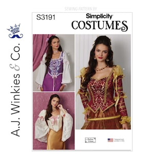 May include: Simplicity Costumes sewing pattern S3191. The pattern features three different medieval-style costume designs. The costumes include long sleeves, bodices, and skirts in various colors, with the text "A.J. Winkies & Co."