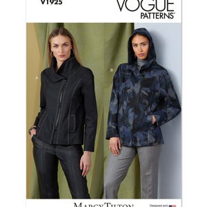 May include: Vogue Patterns sewing pattern showing two jacket designs. One is black with a high collar and a zip. The other is a blue and black camouflage print with a hood and a zip. The pattern is designed and printed in the USA.
