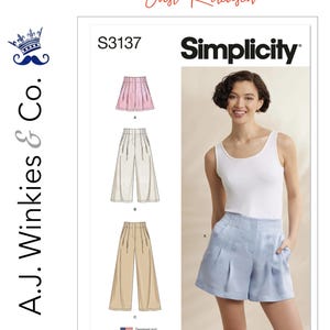 May include: A Simplicity sewing pattern, S3137, featuring illustrations of shorts and wide-leg pants in pink, off-white, and tan. The pattern includes the text "Just Released" and "Designed and printed in USA."