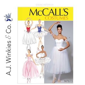 Trajes de ballet para señoritas con variaciones de corpiño, falda y mangas con ballenas - McCall's M7615