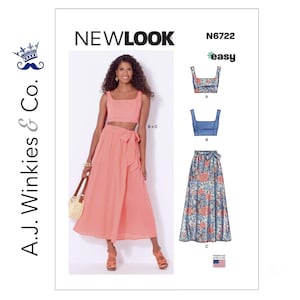May include: A New Look sewing pattern, N6722, featuring a two-piece outfit. The outfit includes a crop top and a wrap skirt. The skirt is a solid coral color, and the top is a matching coral color. The pattern also includes a blue top and a floral skirt.