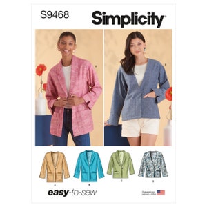 May include: Simplicity sewing pattern S9468 for a blazer with four different variations. The pattern includes a pink blazer, a blue blazer, a beige blazer, and a floral blazer. The pattern is labelled "easy-to-sew".
