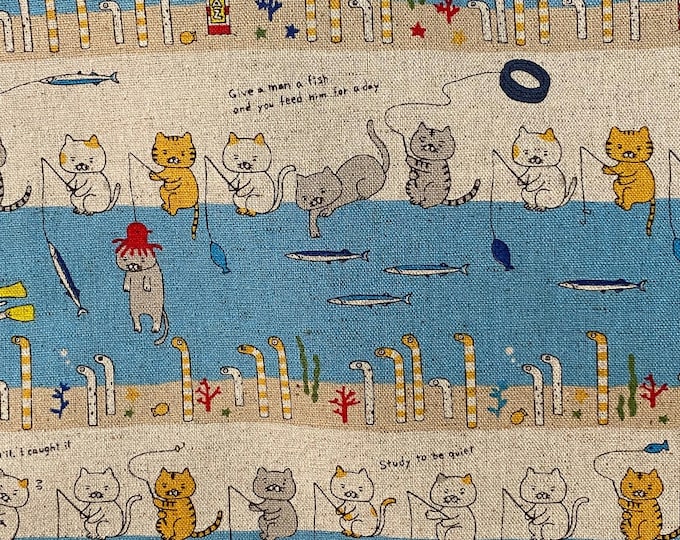 Fishing Cats - Aqua - Japanese Linen/Cotton - fabric by the 1/4mtr