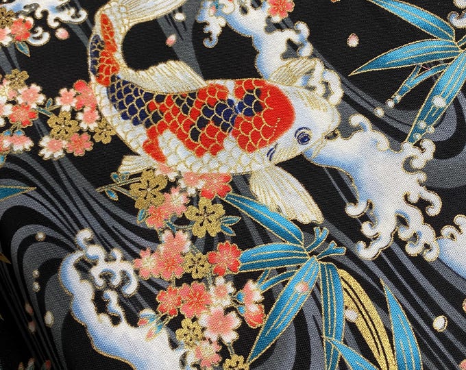 Koi with Cherry Blossoms on Black background, sheeting weight Japanese cotton fabric