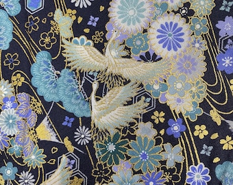 Cranes and mountains on Ink Navy background, sheeting weight Japanese cotton fabric