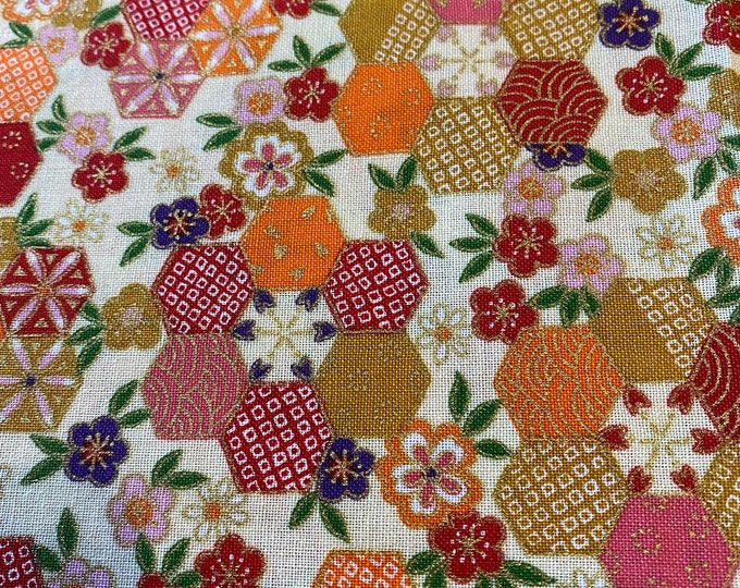Hexagon Flower garden - Japanese Cotton - fabric by the 1/4mtr