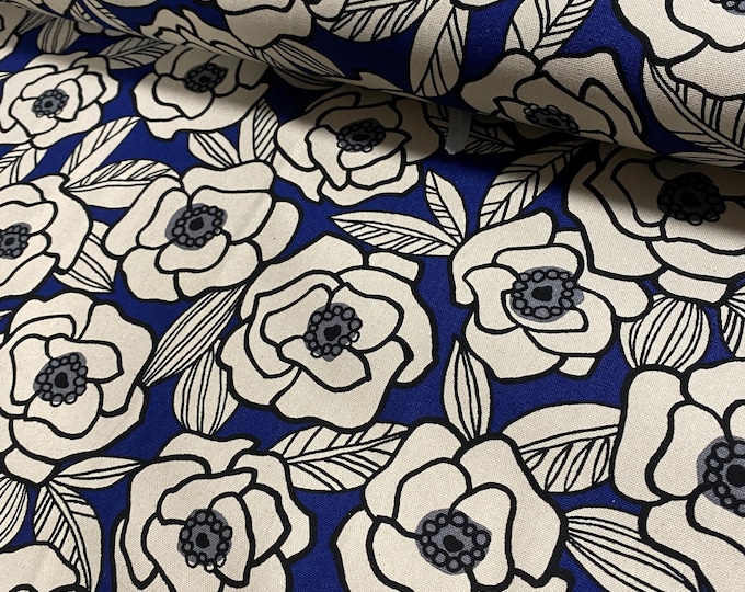 Roses, Ecru on royal blue background  - Oxford Cloth - Japanese Cotton - fabric by the 1/4mtr