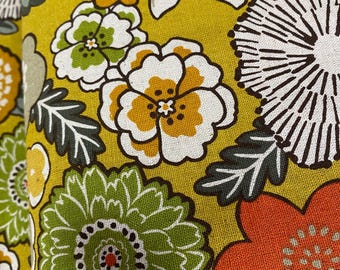 Flowers colour burst - Mustard background - Japanese Linen/Cotton - fabric by the 1/4mtr