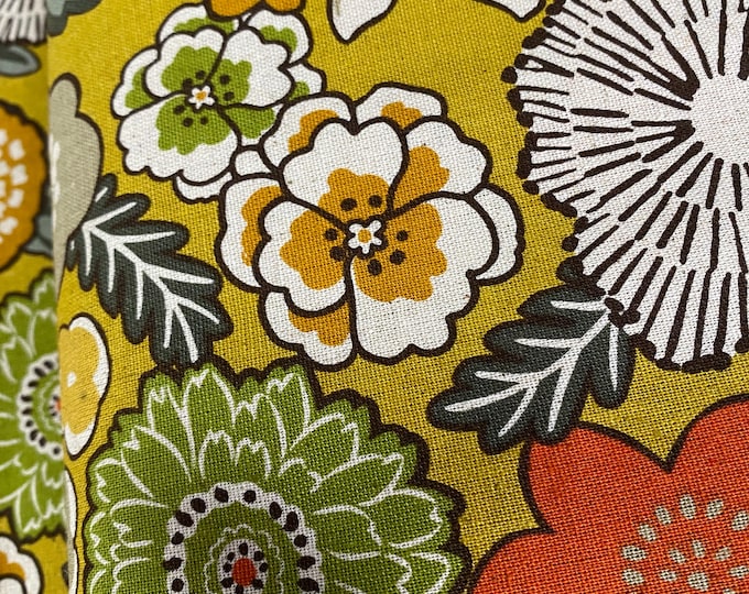 Flowers colour burst - Mustard background - Japanese Linen/Cotton - fabric by the 1/4mtr