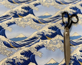 Waves with Fuji shades of blue Japanese wave patterns - fabric by the 1/4mtr