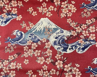 Fuji, Wave & Blossoms - Red background, sheeting weight Japanese cotton fabric