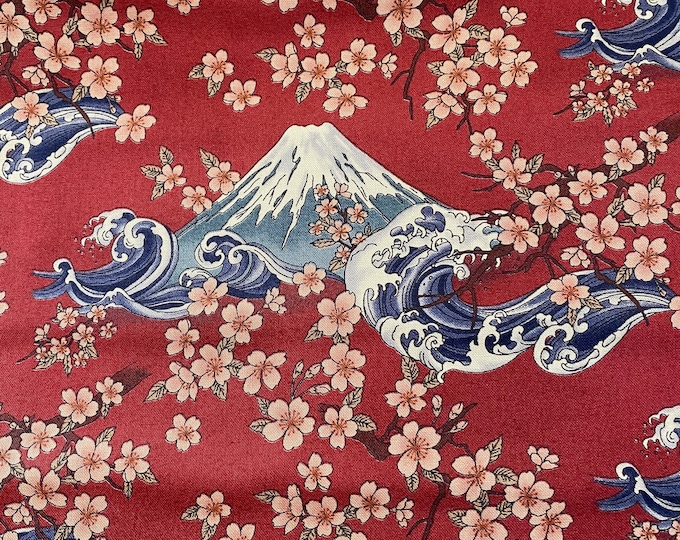 Fuji, Wave & Blossoms - Red background, sheeting weight Japanese cotton fabric