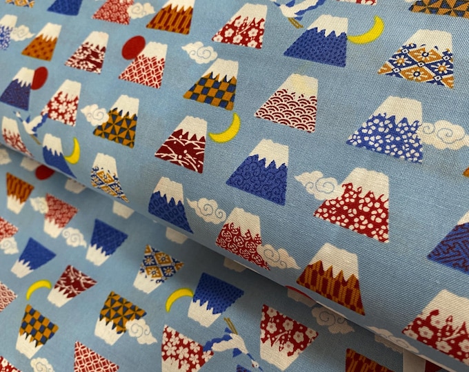 Fuji a thousand views on sheeting weight fabric, sky blue background