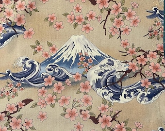 Fuji, Wave & Blossoms - Beige background, sheeting weight Japanese cotton fabric