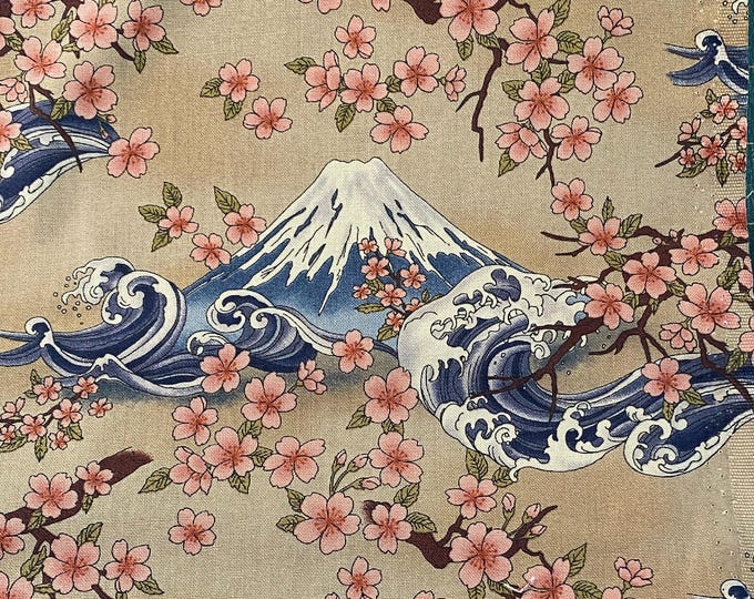 Fuji, Wave & Blossoms - Beige background, sheeting weight Japanese cotton fabric