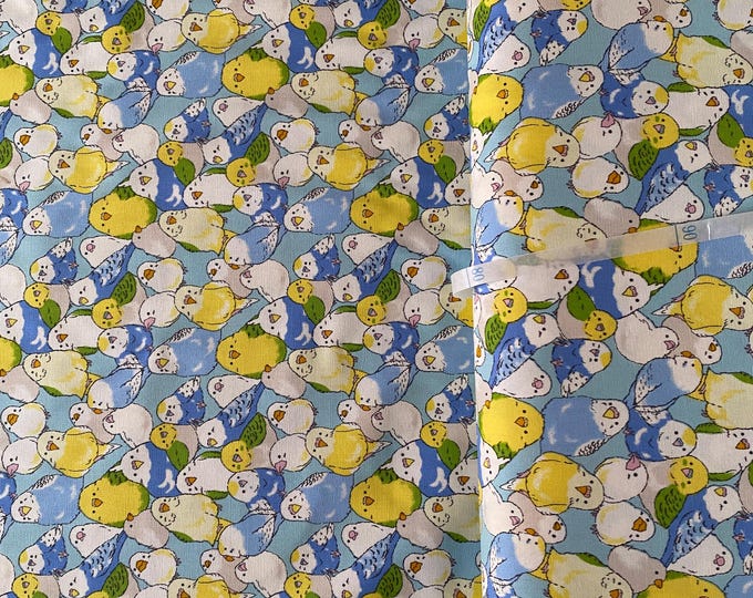 Budgies, budgies, budgies on pale blue background  - Oxford Cloth - Japanese Cotton - fabric by the 1/4mtr