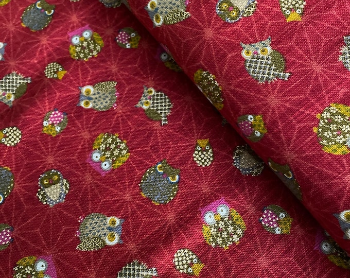 Owls, owls and more Owls on a red Asanoha background - Japanese Cotton - fabric by the 1/4mtr