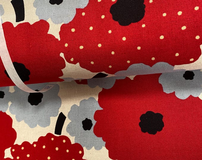 Flower parade - Red & Pale Blue- Japanese Linen/Cotton - fabric by the 1/4mtr