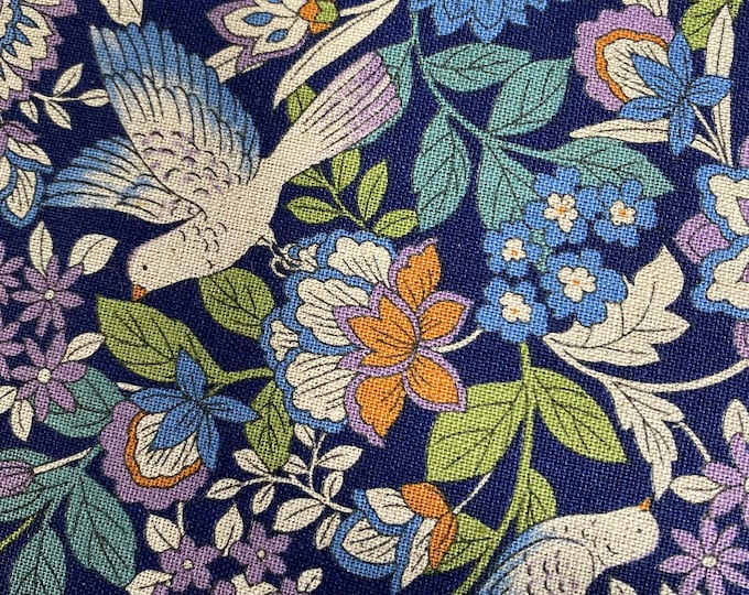 When Doves Fly, Navy  background Linen/Cotton - fabric by the 1/4mtr