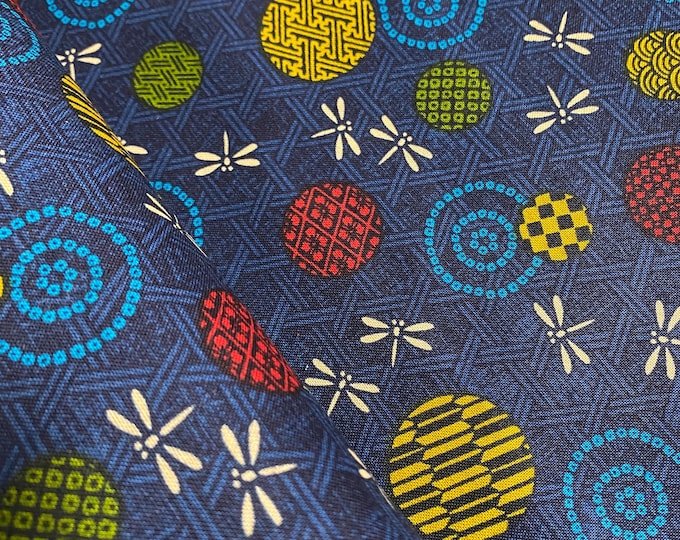 Dragonflys and colored circles on navy  - fabric by the 1/4mtr