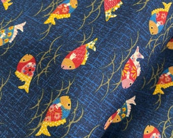 Fish playing in the Waves, navy background - Japanese Cotton - fabric by the 1/4mtr