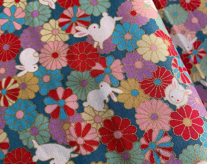 Bunnies on Flowers - Sheeting - Japanese Cotton - fabric by the 1/4mtr