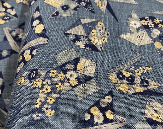 Traditional Symbols Dusty blue, dark blue and grey symbols with gold highlights - Japanese Cotton - fabric by the 1/4mtr