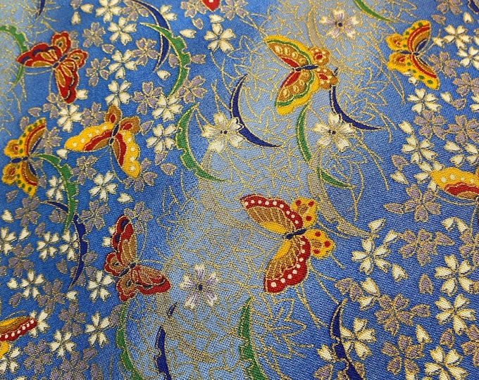 Butterflies & Maple Leaves - light to sky blue - Japanese Cotton - fabric by the 1/4mtr