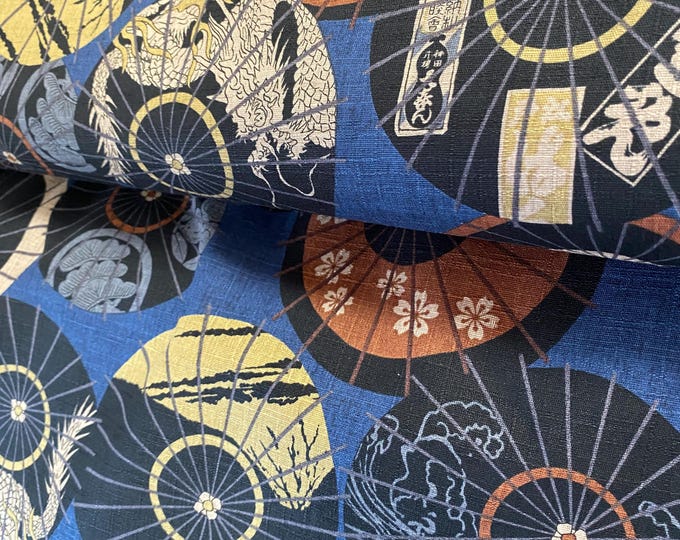 Parasols in Modern style, Cream on Blue background, textured Dobby Shantung Japanese Cotton