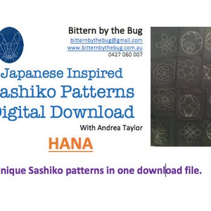 May include: A digital download of 12 unique Japanese-inspired Sashiko patterns, featuring a variety of floral and geometric designs. The patterns are displayed on a black fabric background. The text "HANA" is displayed in orange.