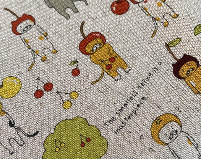 Cats with Cherry Hats - Natural background - Japanese Linen/Cotton - fabric by the 1/4mtr