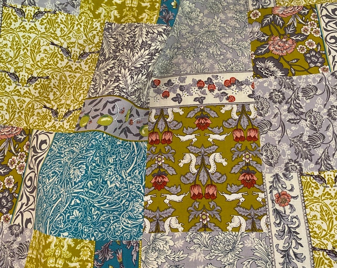 Patchwork with Rabbits & Squirrels - Gold n' Aqua - Japanese Cotton - fabric by the 1/4mtr