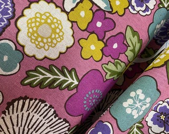 Flowers colour burst - Pink background - Japanese Linen/Cotton - fabric by the 1/4mtr