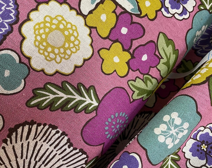 Flowers colour burst - Pink background - Japanese Linen/Cotton - fabric by the 1/4mtr