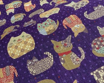 Cats, cats and more cats on a rich purple background background - Japanese Cotton - fabric by the 1/4mtr