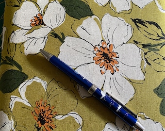 Elegant flowers - White Flowers on Chartreuse background - Japanese Linen/Cotton - fabric by the 1/4mtr