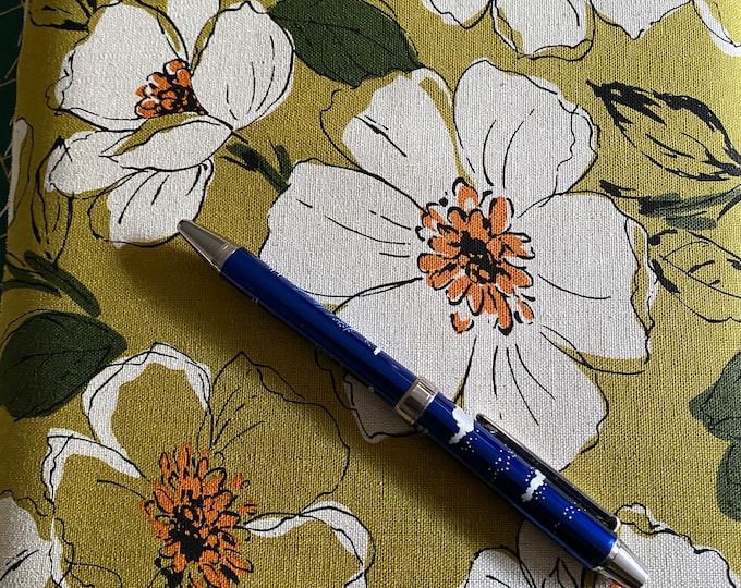 Elegant flowers - White Flowers on Chartreuse background - Japanese Linen/Cotton - fabric by the 1/4mtr