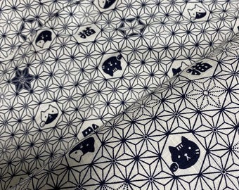 Asanoha and cats black on white , textured Dobby Shantung Japanese Cotton