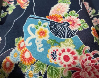 Fans on Black with Spider Chrysanthemum fabric by the 1/4mtr