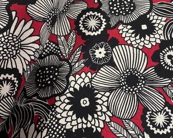 Bold black  Flowers  on a red background - Japanese Linen/Cotton fabric