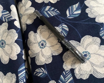 Magnolias , subtle navy and ecru colors on a dark navy background Japanese Linen/Cotton - fabric by the 1/4mtr