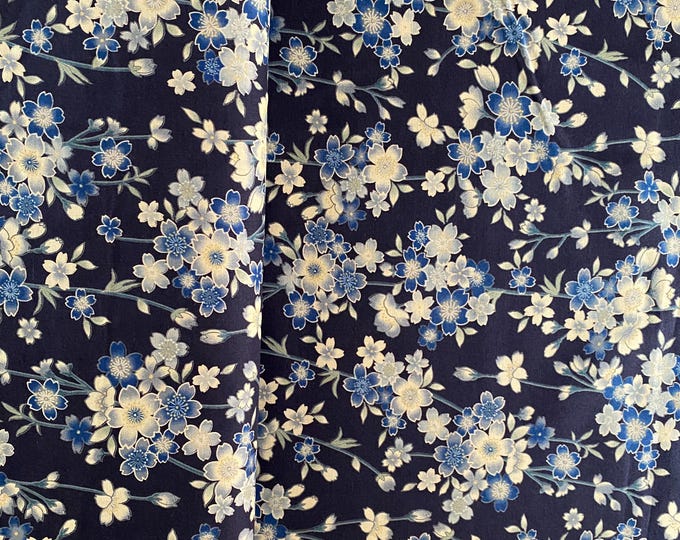 Antique Japan series - Cherry Blossom Branches - on Navy background - Sheeting weight fabric
